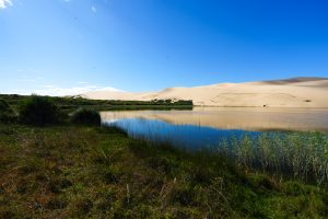 Extensas dunas blancas se encuentran con una laguna tranquila bajo un cielo azul en Bazaruto.